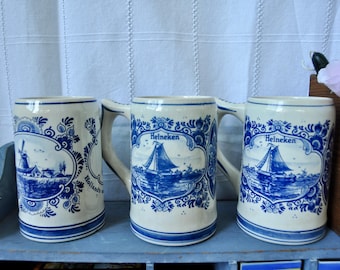 Vintage Troost Delft Blue Pottery Mug, 2 Heineken Steins, Set of 3: Man Cave Decor, Tobacciana, Beer Collectibles - Fathers Day Gift