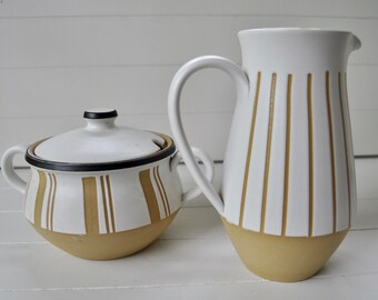 Vintage Denby Stoneware Pitcher (Creamer) and Sugar/Rustic Modern English Pottery/Gourmet Pattern/White and Tan