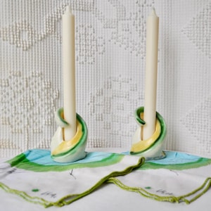 Art Deco Spiral Twist Pottery Candle Holders/Vintage 1940s/Green Yellow Taper Candlestick Holders/W Two Vera Blue Moon Graphics Napkins