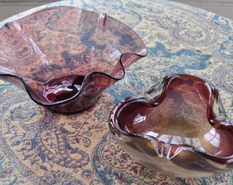Vintage Wavy Amethyst Decorative Glass Bowls/One or Two Choice/Gold Leaf Prob Murano Ashtray/Handkerchief Glass Fruit Bowl