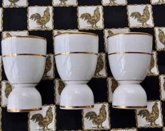 Gold, Black and White Vintage Easter Decor/Set of 3 Gold Banded Egg Cups/Waverly Fabrics Rooster Checkerboard Tablecloth