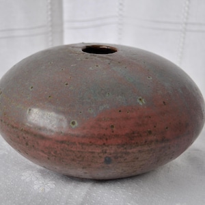 Vintage Studio Pottery Raku Bowl, Burgundy and Blue:  Round Ikebana Vase -  Earthy, Natural, Wabi Sabi Decor