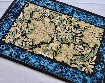 Antique Embroidered Floral Table Mat/Indigo Blue, Gold and Green on Black