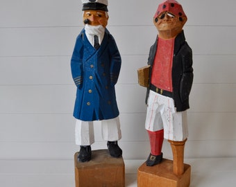 A Pair of Salty Dog Vintage Folk Art Carved Wood Statues/Captain and Pirate/Beach House Maritime Decor/Gift For Dad Fathers Day
