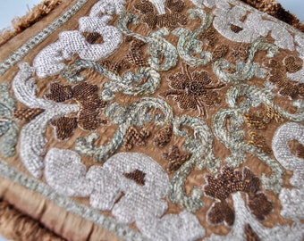 Vintage Zardozi Pillow Cover/Golden Brown Silk W Pink Green Gold Thread Embroidery/Ornate Geometric Pattern/Prob French
