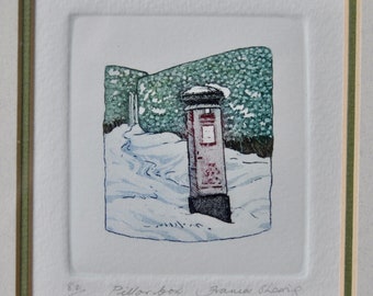 The Pillar Box Vintage Signed Numbered Frances Shearing Lithograph/Miniature Winter English Country Landscape/Edward Gorey Style Print