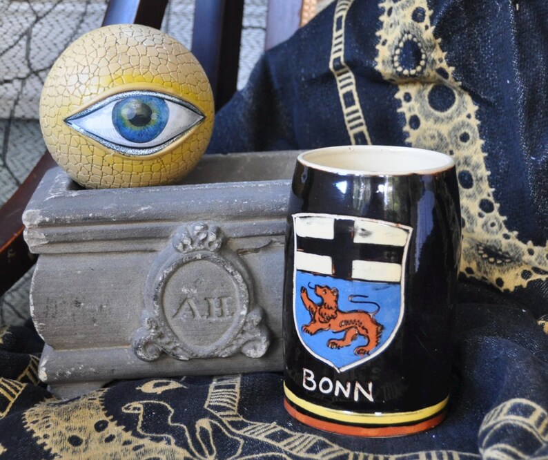 Vintage Gothic German Pottery Beer Mug/hand Painted Medieval Shield