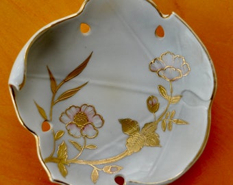 Antique Hand Painted Porcelain Candy Bowl/att. Nippon/Gold Raised Relief Flowers/Pastel Pink Blue Shades/Shaped Leaf Rim