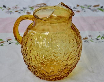 Honey Yellow  Anchor Hocking Milano Lido Crinkle Glass Ball Pitcher/Vintage 1960s/Amber Glass Pitcher With Ice Lip