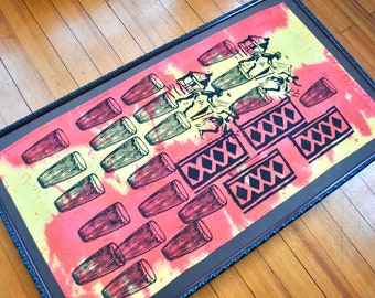Vintage Tiki Wall Decor/Mounted Framed Block Print Textile Wall Hanging/Polynesian Dancers and Drums/Red Yellow Black/21" x 37"