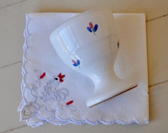 Vintage White Blue and Pink Country Cottage Pottery Egg Cup W Hand Embroidered Rooster Linen Napkin/Easter Gift Set