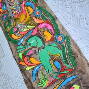 Vintage Mexican Amate Bark Painting: Bright Tribal Folk Art Wall Hanging