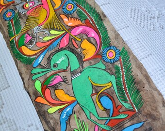 Vintage Amate Bark Painting 1970s Mexican Folk Art Painting Bird