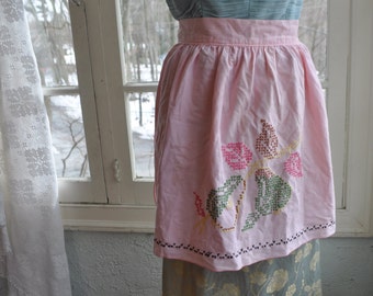 Pink Apron W Embroidered Fruit/Vintage 1960s Cotton Hostess Apron/With Cross Stitch Pears