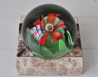 Vintage Art Glass Paperweight/Poppy Red Petals & Green Leaves With Controlled Bubble/In Stone Holder