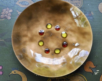 Atomic Era Enameled Copper Bowl/Vintage 1960s/Red Yellow Gold/Mid Century Modern Patio Decor