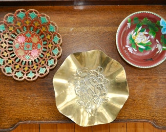 Three Ornate Vintage Brass Decorative Bowls/Outdoor Party Serving Bowls/Pierced, Ruffled, Enameled/Hookah Bar Decor
