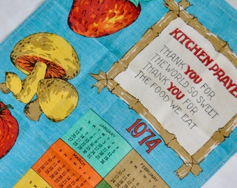 Bright Colorful Kitchen Prayer Linen Tea Towel/Vintage 1970s/Big Fruit and Mushroom Graphics/Calender Year 1974