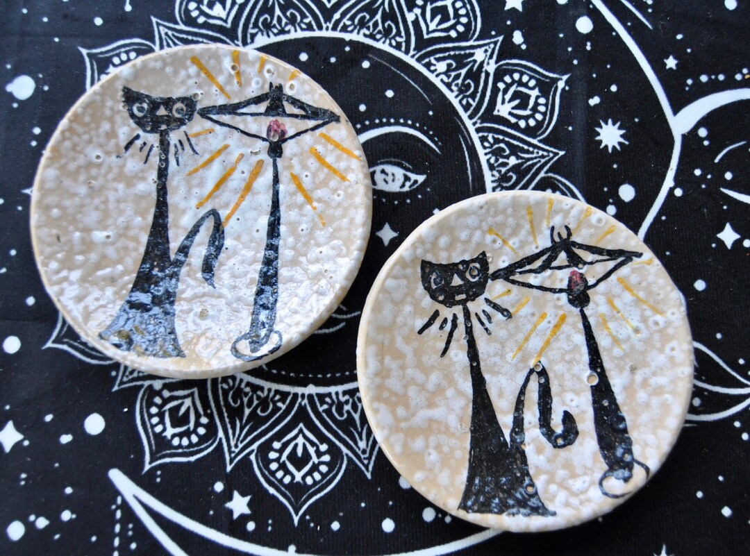 One or More Vintage Sanguino Toledo Art Pottery Black Cat Dishes/hand