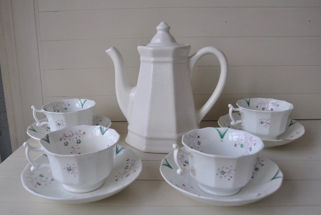 Four Antique Ironstone Tea Cups and Saucers/hand Painted W Purple & Green Flowers/english