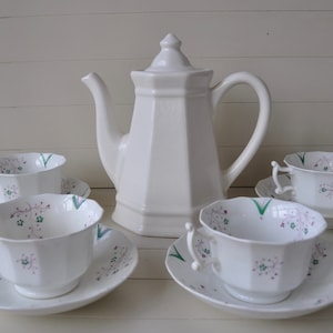 Antique Ironstone Tea Cups and Saucers: Hand Painted Floral Set for Four