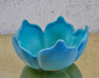 Van Briggle Pottery Lotus Flower Bowl/Vintage 1920s/Sublime Turquoise Blue Tulip Bowl or Frog Vase/Art Deco Table Decor