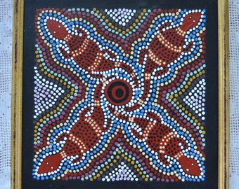 Original Vintage Aborigine Dot Painting/Indigenous Art/Bright Geometric Pointillist Lizard Painting