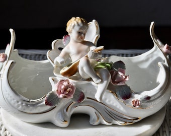 Rocococore Putti Ceramic Bisque Centerpiece Bowl Jardiniere/Vintage 1940s/Cherub Playing a Lute/Wedding Party Floral Arrangement Vase