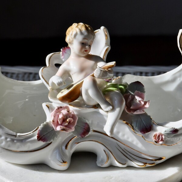 Rocococore Putti Ceramic Bisque Centerpiece Bowl Jardiniere/Vintage 1940s/Cherub Playing a Lute/Wedding Party Floral Arrangement Vase