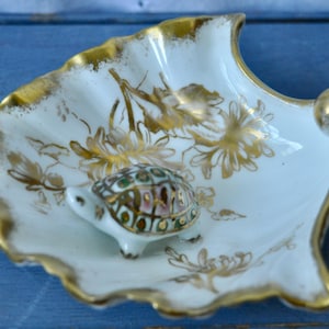 Vintage Hammersley Bone China Ring Dish, Scallop Shell Shape: Gilt, Floral - With Tiny China Turtle Figurine.