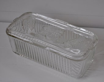 Clear Depression Glass Refrigerator Dish/Vintage 1940s 1950s/Ridged Veggies Embossed Rectangular 4 Cup Storage Box/Loaf Pan Shape