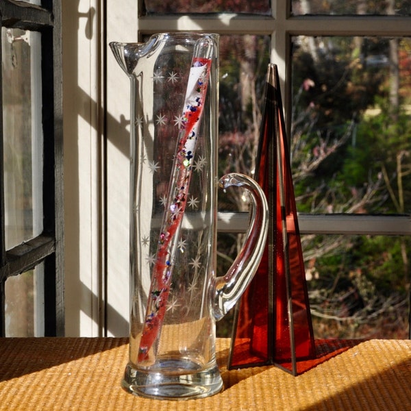 Starry 1960s Vintage Glass Skyscraper Martini Pitcher/Extra Tall 13" High Pitcher W Cut Glass Stars/Mid Century Barware/W Peppermint Stirrer