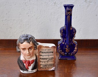 Vintage 1960s Ceramic Decor for A Classical Music Lover/Beethoven Planter/Violin Flower Vase Wall Vase