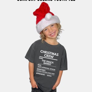 May include: A charcoal gray short-sleeve t-shirt featuring white text that reads: COMFORT COLORS YOUTH TEE, CHRISTMAS CREW, NAME: THE SNACK BANDIT, ROLE: TASTE APPROVAL OFFICER, DEPARTMENT: COOKIE SURVEILLANCE UNIT, APPROVED BY: SANTA, and PEPPER.