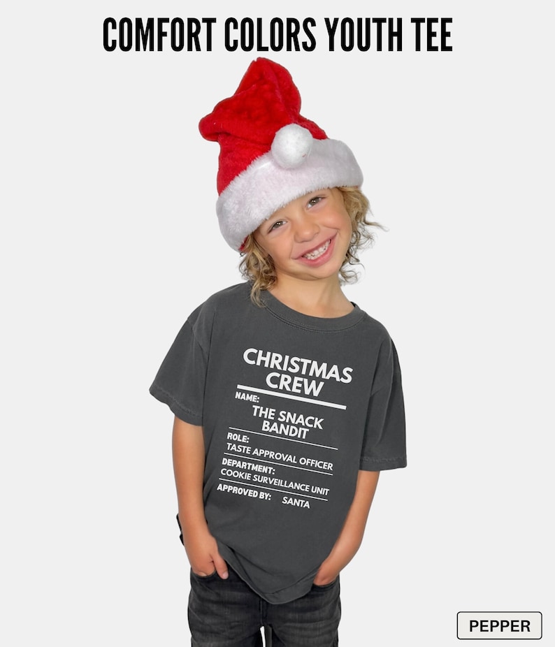 May include: A charcoal gray short-sleeve t-shirt featuring white text that reads: COMFORT COLORS YOUTH TEE, CHRISTMAS CREW, NAME: THE SNACK BANDIT, ROLE: TASTE APPROVAL OFFICER, DEPARTMENT: COOKIE SURVEILLANCE UNIT, APPROVED BY: SANTA, and PEPPER.