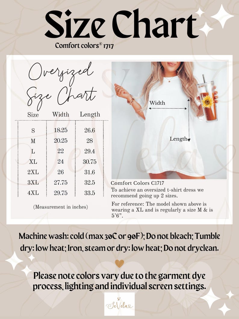 May include: A size chart for an oversized t-shirt dress, with measurements in inches. The chart includes sizes S through 4XL, with corresponding width and length measurements. The image also includes washing instructions and a note about color variations.