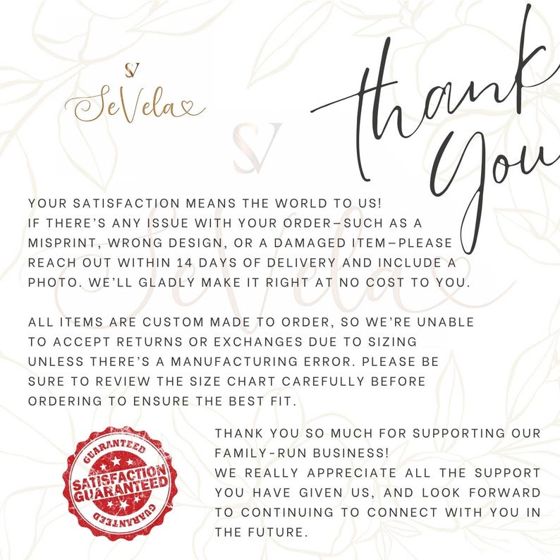 May include: A white background with the words "thank you" in elegant black script. The text includes a guarantee of satisfaction and information about returns and exchanges. The logo "SeVela" is at the top.