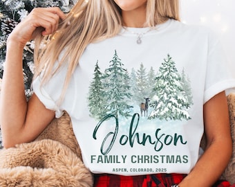 Custom Family Christmas Shirts Comfort Colors, Winter Deer Forest Holiday Tee, Matching Family Christmas Shirts, Mountain Christmas shirts