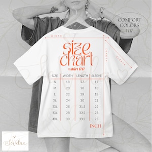 Puede incluir: Camiseta blanca con una tabla de tallas naranja. La tabla muestra medidas en pulgadas para las tallas S a 4XL, incluyendo ancho, largo y mangas. La camiseta tambi&eacute;n tiene el texto "Comfort Colors 1717".