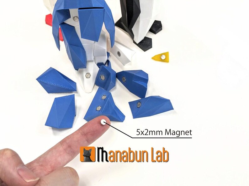 May include: A blue, white, and black geometric puzzle with magnetic pieces. The puzzle is assembled into a penguin shape. A close-up of a 5x2mm magnet is shown. The text "Thanabun Lab" is visible in the image.