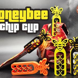 May include: Honeybee Chip Clip, a set of four yellow and black chip clips shaped like honeybees. The clips are made of plastic and have a honeycomb design. The clips are shown on a bag of chips.