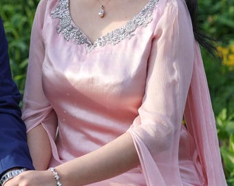 Pure Silk Light Pink Maxi Dress Hand Embroidered Neckline with Pure Chiffon Long Flowy Sleeves & Matching Chiffon Scarf