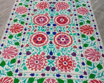 Hand Embroidered Suzani Throw: Indian Floral Tapestry, Uzbek Bedspread