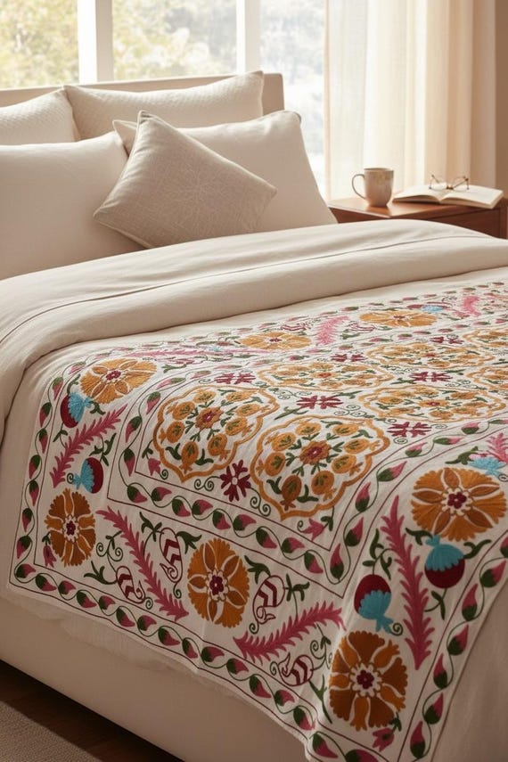Hand Embroidered Suzani Throw: Indian Floral Tapestry, Uzbek Bedspread