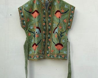 Velvet Suzani Embroidered Vest: Floral Boho Short Coat