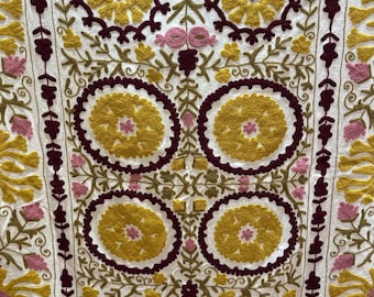 Hand Embroidered Suzani Throw: Indian Floral Tapestry, Uzbek Bedspread