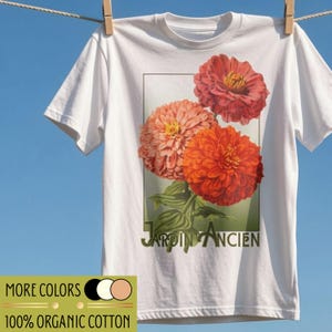 VINTAGE FLOWER SHIRT - 100% Organic Cotton Shirt, jardin ancien, french garden art shirt for woman, ecofriendly summer tee, happy colors fun