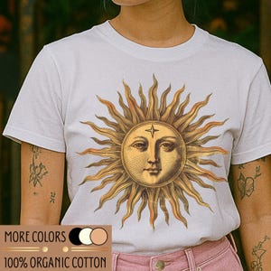 VINTAGE CELESTIAL SUN ekologisk bomullsskjorta, Celestial Sun grafisk t-shirt, Boho Sun moon-skjorta hållbara estetiska kläder, miljövänlig present
