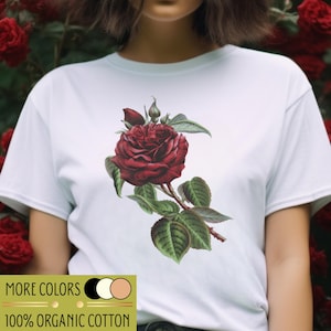 Koszula z bawełny organicznej RED ROSE DARK 100%, damska, natura, botaniczna, retro, ilustracja, romantyczna, gotycka, ciemna akademia, miłośniczka książek, bordowa