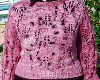 I Do Me - Cable and Lace Leaf Sweater Knitting Pattern | Hollow-out | Drop Stitch | Pink Pullover | Loose Knit Floral Blouse | Tutorial DIY